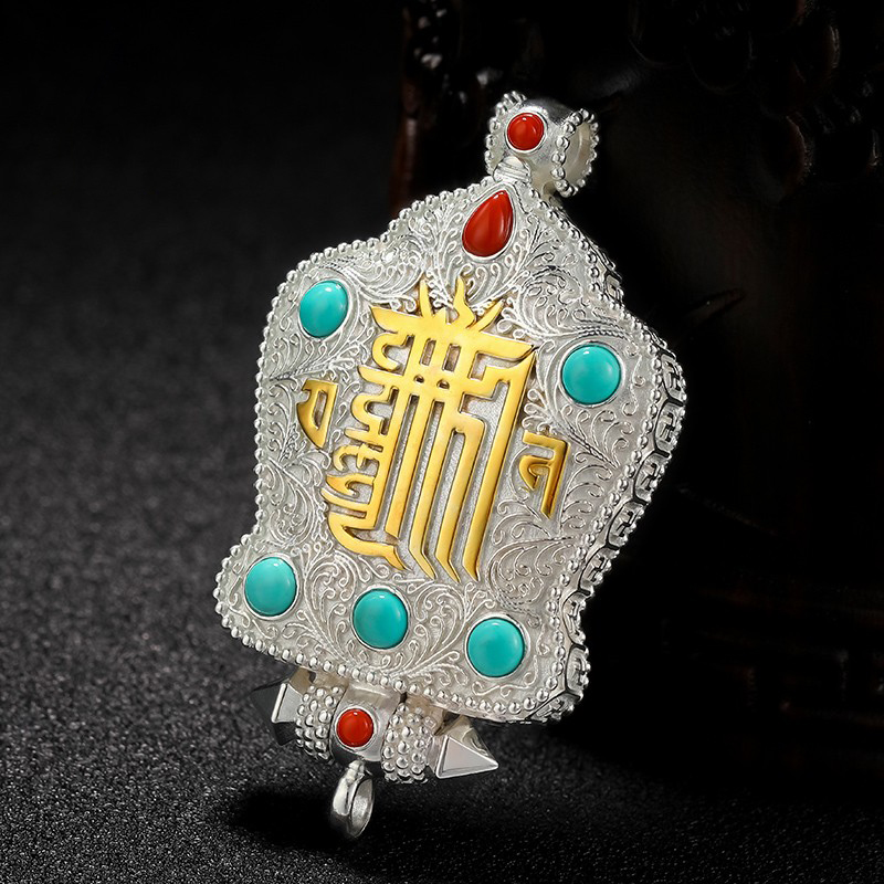 S925纯银嘎乌盒吊坠图案八吉祥挂件可打开纯银十相自在嘎乌盒大号