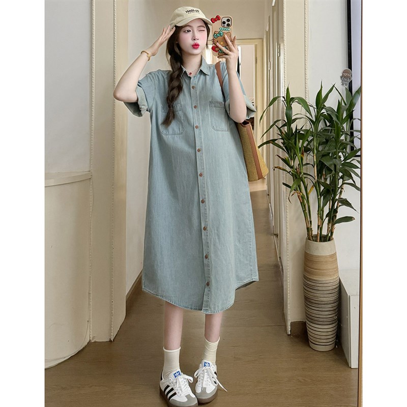 好货孕妇夏装连衣裙2025新款小个子休闲宽松短袖衬衫牛仔裙女夏季