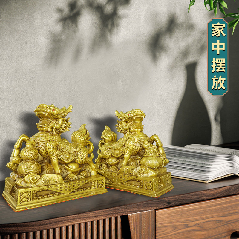 好货铜麒麟摆件一对黄铜踩葫芦聚宝盆家居办公室店铺客厅公司装饰