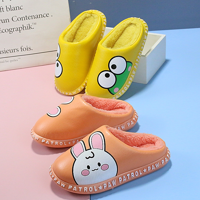 防水pu皮面儿童拖鞋冬室内毛拖女童男孩保暖防滑卡通棉拖鞋中大童
