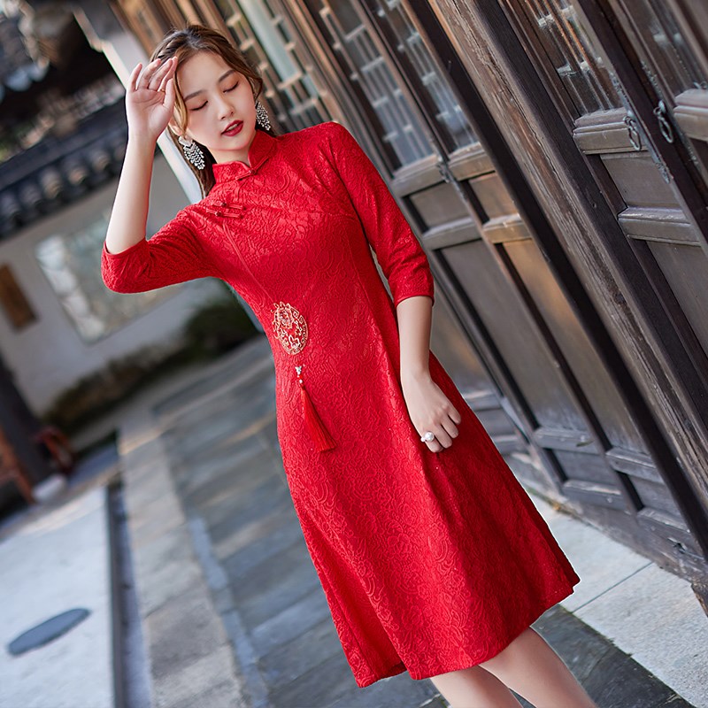 好货新娘回门便装中式复古连衣裙七分袖年轻款中国风外嫁女回娘家