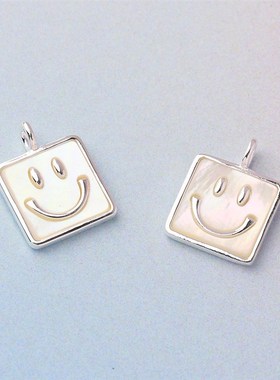 diy吊坠 s925银素银镶嵌白川贝母方块笑脸吊坠 串珠手錬银饰配件