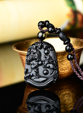 属虎马狗2023年瑞虎近贵驼禄畅行黑曜石三合吊坠寅午戌三合项链