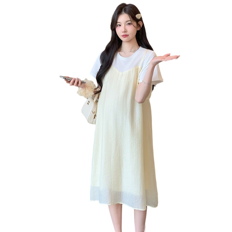 好货孕妇夏季连衣裙中长款2025新款小个子孕妇装拼接雪纺假两件裙