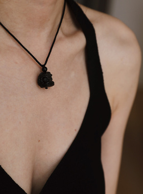 银曜石醒狮项链黑曜石吊坠新中式国风锁骨链黑绳编织绳情侣女款男