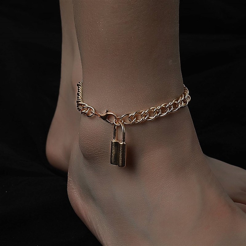 -Jewelry Retro Geometric Lock Pendant Anklet Womens Thick C