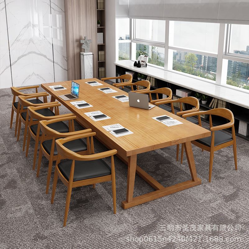实木休闲大长桌简约会议室接待洽谈桌子商用工作台办公桌椅组合