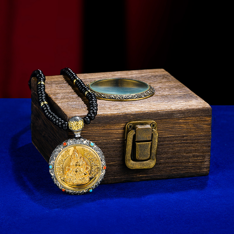 S925银释迦牟尼财神吊坠藏式佛牌精品祥云佛珠挂件纯银圆吊坠项链