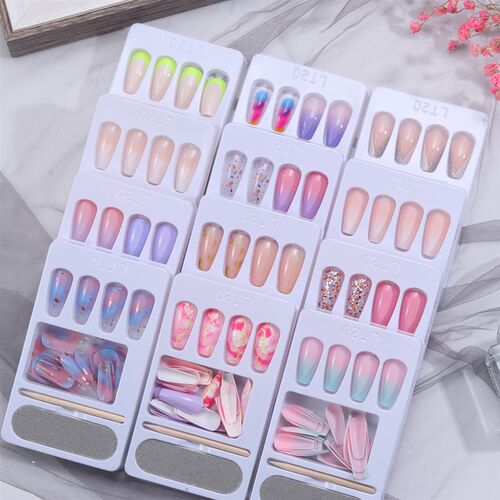 好货24pcs Long Coffin Fake Nails European Rainbow Ballerina