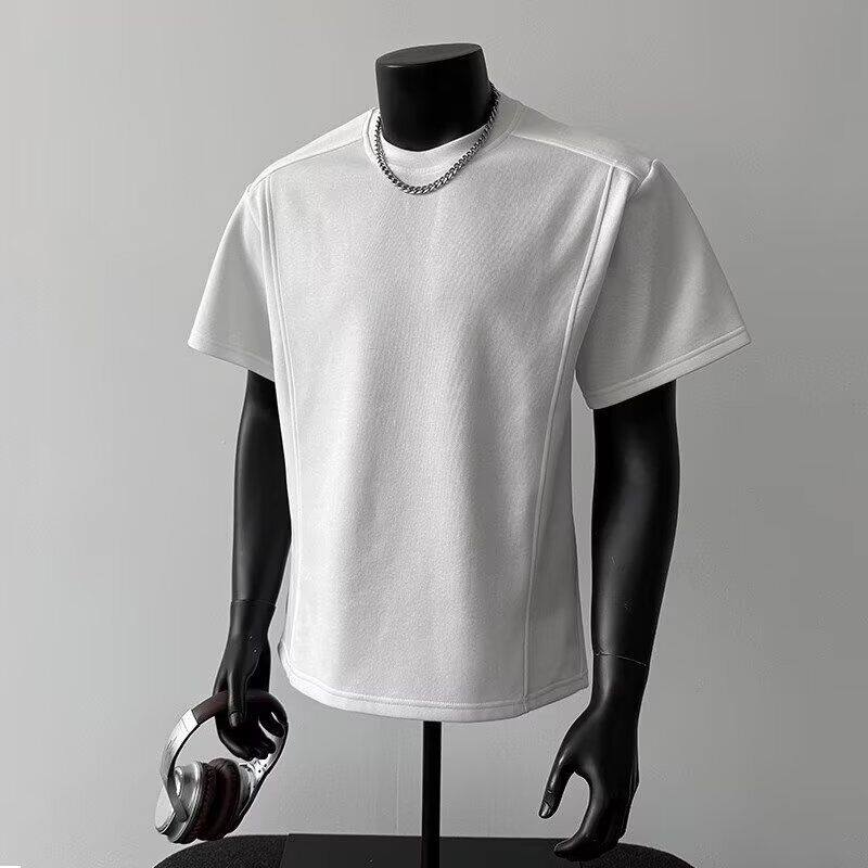 2025夏季新款轻奢痞帅男装挺阔高级感短袖T恤男拼接圆领上衣