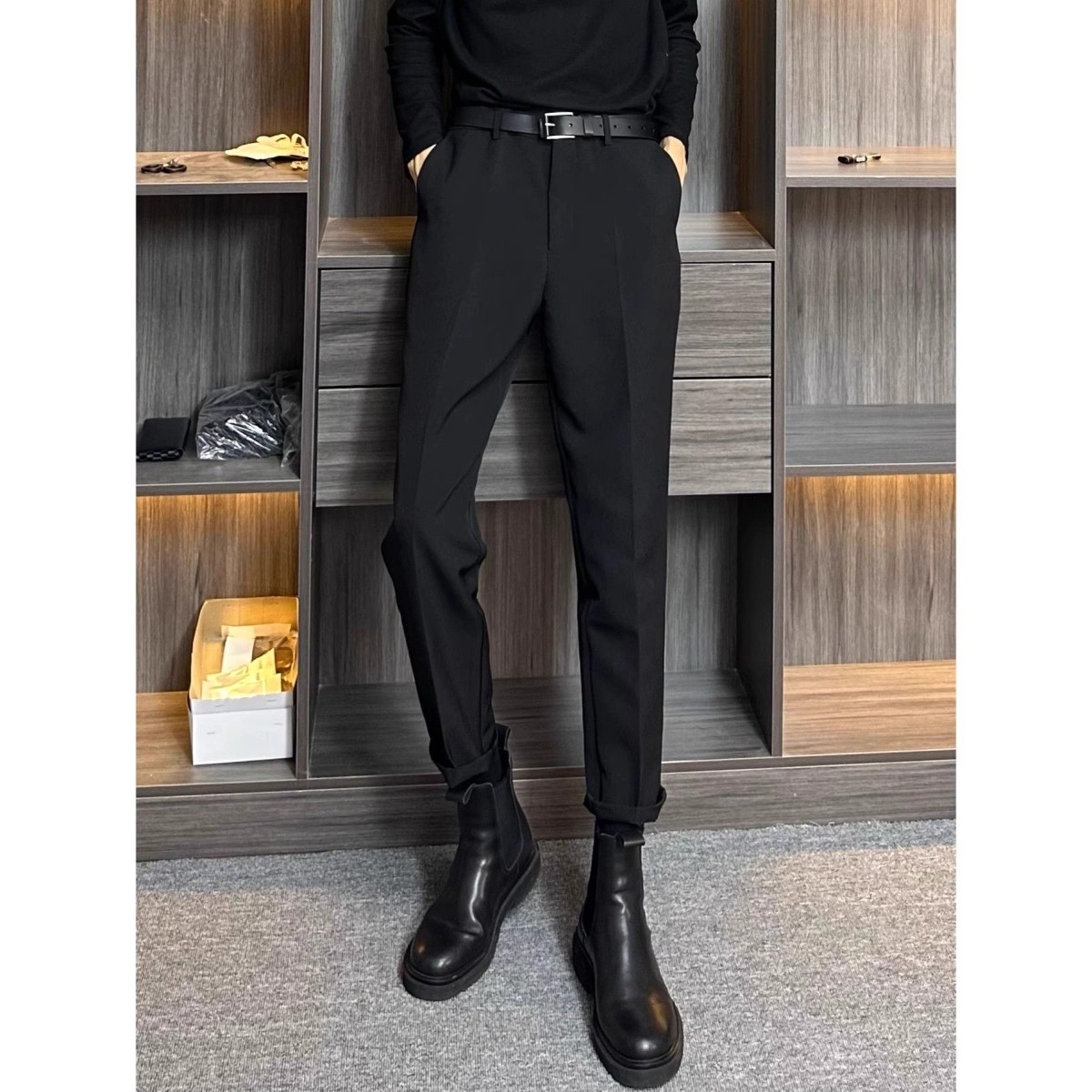 英伦男装秋冬搭配马丁靴的裤子修身直筒西裤垂感休闲