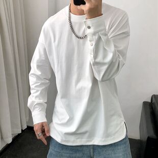 口男装 套头纽扣袖 上衣服 t恤男士 纯色卫衣男内搭开衩长袖