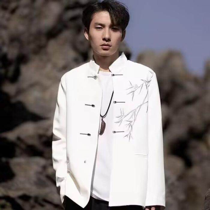 新中式国风高级感立领白色西装外套男装垫肩金属扣痞帅中山装套装