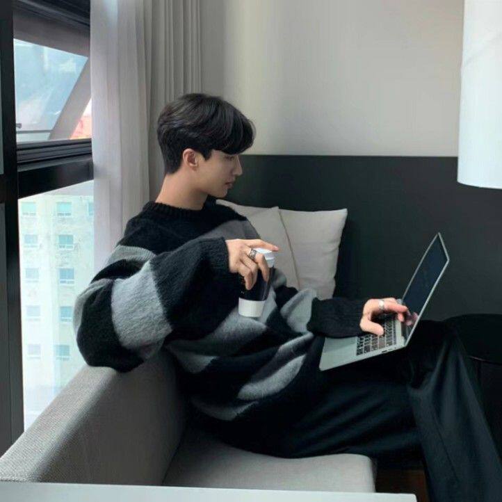 条纹韩式毛衣男高级感慵懒oversize痞帅少年感圆领冬季潮牌针织衫