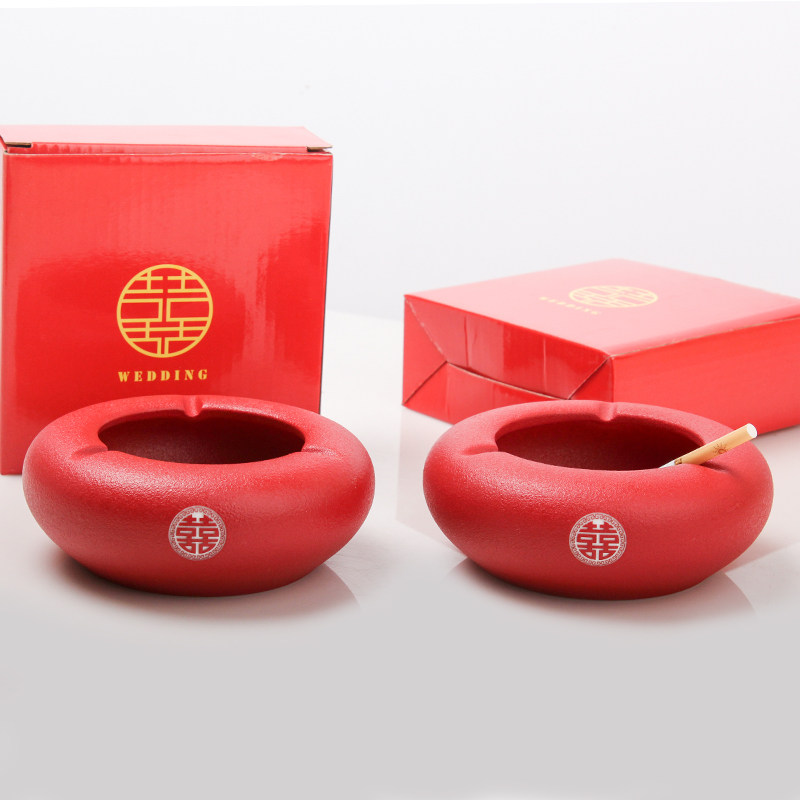 现货速发结婚婚庆用品红色陶瓷中式烟灰缸创意个性潮流家用客厅礼
