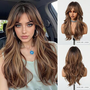 欧美棕色假发女御姐八字刘海修饰脸型自然气质深色发根全头套wigs