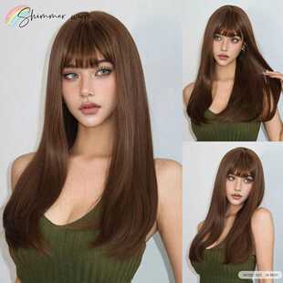 欧美风棕色假发中长女齐刘海混血法式性感甜辣全头套日常气质直发