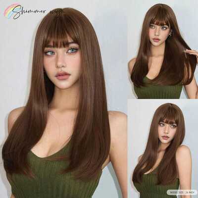 欧美风棕色中长女齐刘海假发