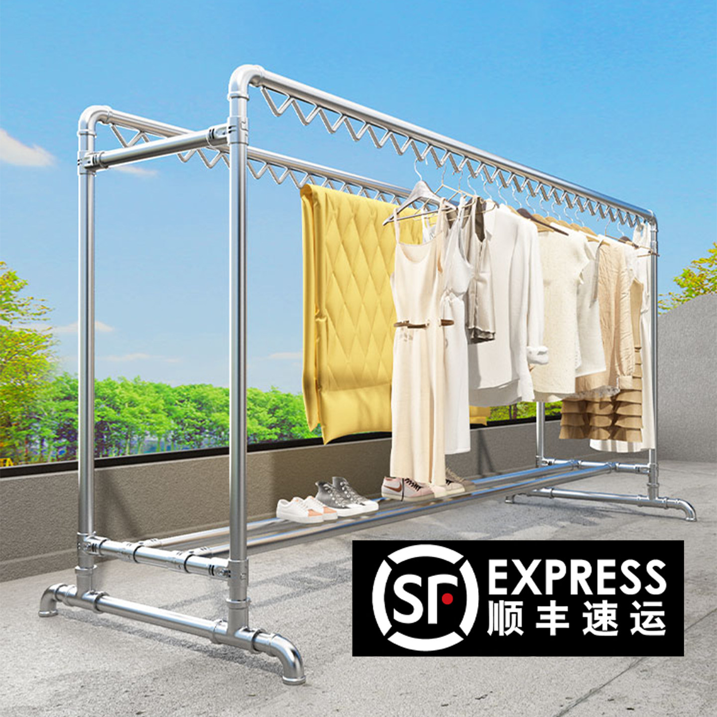 加粗一寸镀锌钢管晾衣架挂衣户外室外落地家用阳台防风双杆晒被子