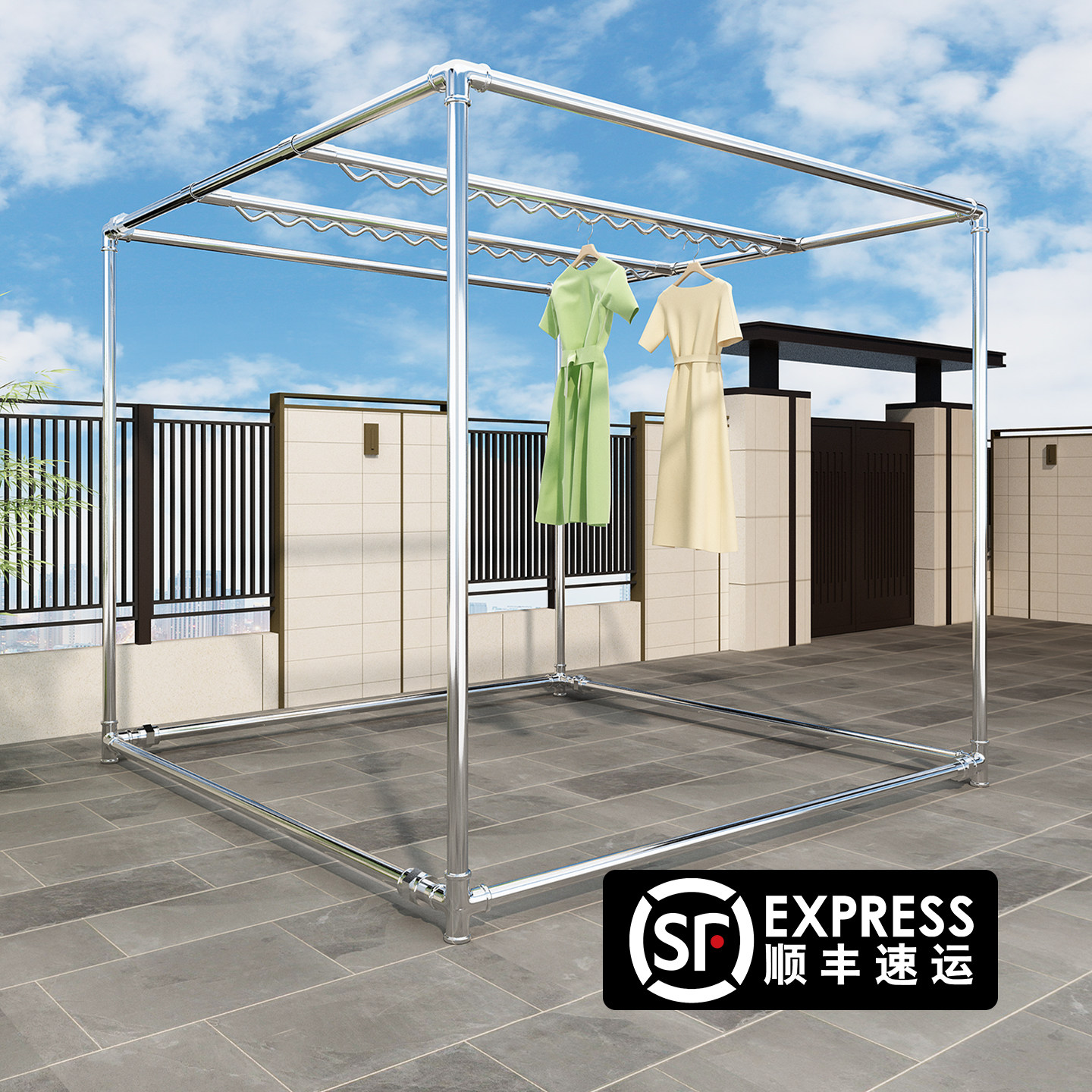 加厚加粗镀锌钢管晾衣杆户外室外落地家用神器防风挂衣服架子凉晒