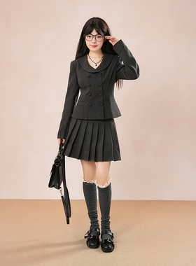 藤色町 法式高级感小廓形西装外套+高腰显瘦百褶裙两件套秋季新款