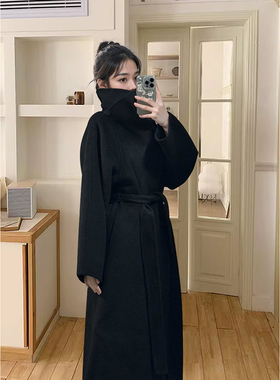 经典黑色复古炸街飒气立领绑带毛呢大衣女冬季2025年新款韩系外套
