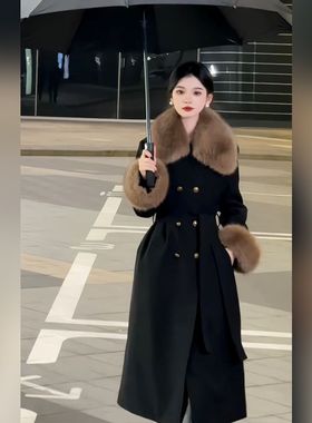 【财阀夫人】黑色赫本风中长款大衣女冬季新款高级感收腰显瘦外套