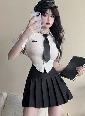 极速jk制服纯欲学院风套装网红20C23炸街辣妹紧身短袖白色衬衫百