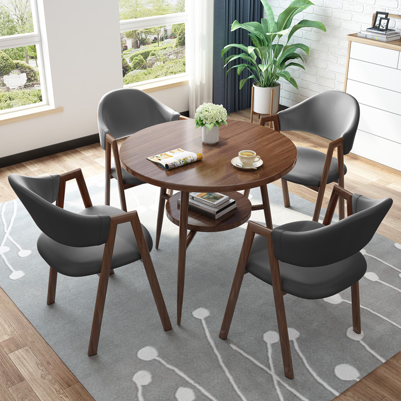 极速胡桃色圆桌洽谈桌休闲接待桌椅组合仿L实木阳台公寓会客谈判