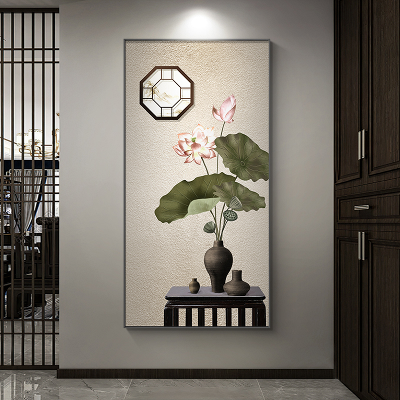 极速荷花过道玄关装饰画新中式楼梯走廊J艺术挂画茶室竖版水墨禅图片