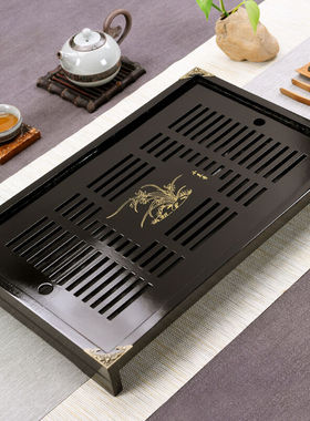 极速聚誉茶盘小茶盘木茶盘茶水托接水管排水式储R水茶盘2黑色小兰