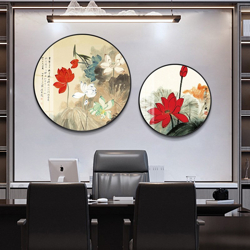 极速新中式圆形荷花挂画玄t关走廊过道装饰画餐厅饭桌背景墙三联图片