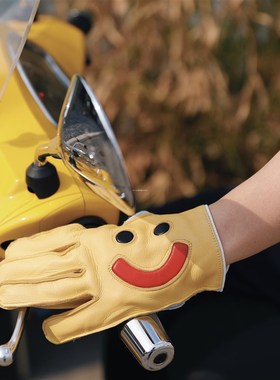 极速复古c摩托车机车笑脸真皮手套黄色摩托车HEYGO黑狗复古骑行