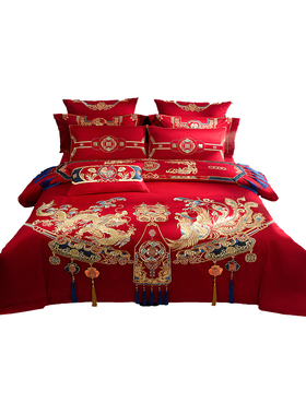 极速中式龙凤婚庆全棉q刺绣结婚四件套喜庆大红色被套纯棉婚房床