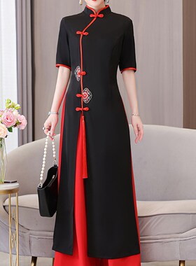 新品红色奥黛舞蹈服m新款改良旗袍套装裤两件套中国风女装走秀演