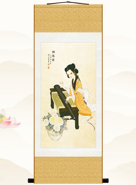 新品抚琴图 仕女美女古筝弹琴挂画 乐坊J装饰画卷轴画丝绸画可定