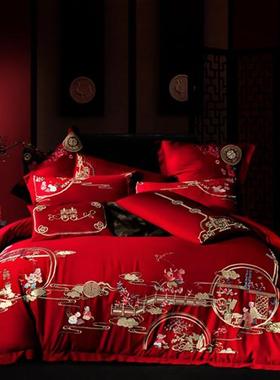 极速新品百子图婚庆四件组喜庆大红色贡缎刺N绣子孙被喜被百子被