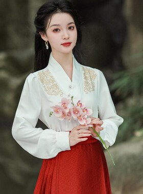 新品新中式配马面裙上衣交领汉z服长袖白色衬衣提花刺绣国风衬衫