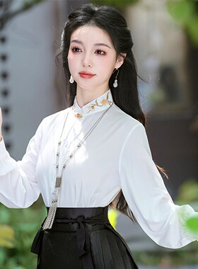新品国风配马面裙上衣长袖新中式衬衫女立领N对襟白色衬衣改良汉