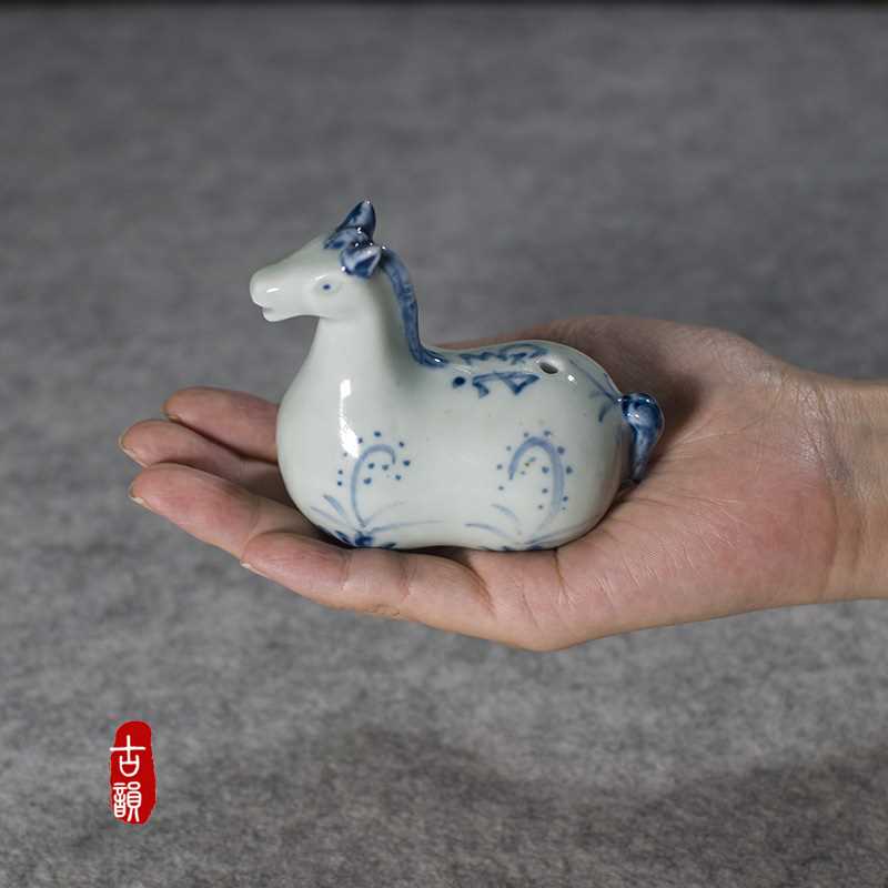 极速新款仿古文房砚滴水滴壶陶瓷创意手绘青花笔R搁墨滴砚台加水