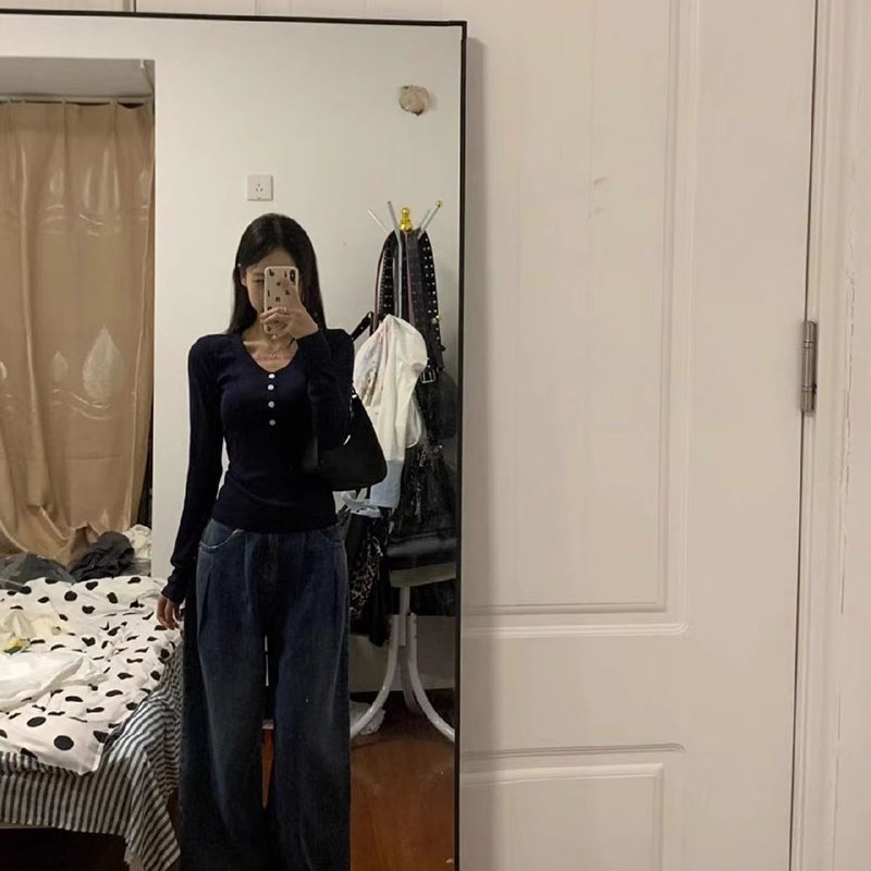 极速v领正肩t恤女装秋季2023B新款别致上衣收腰修身长袖内搭打底