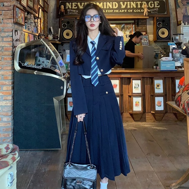 韩系学院风套装夏季JK制服时尚西装外套衬衫中长裙显瘦百褶裙三件