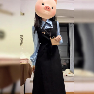 假两件学院风长袖连衣裙子女秋冬季2025新款教资面试韩系穿搭套装