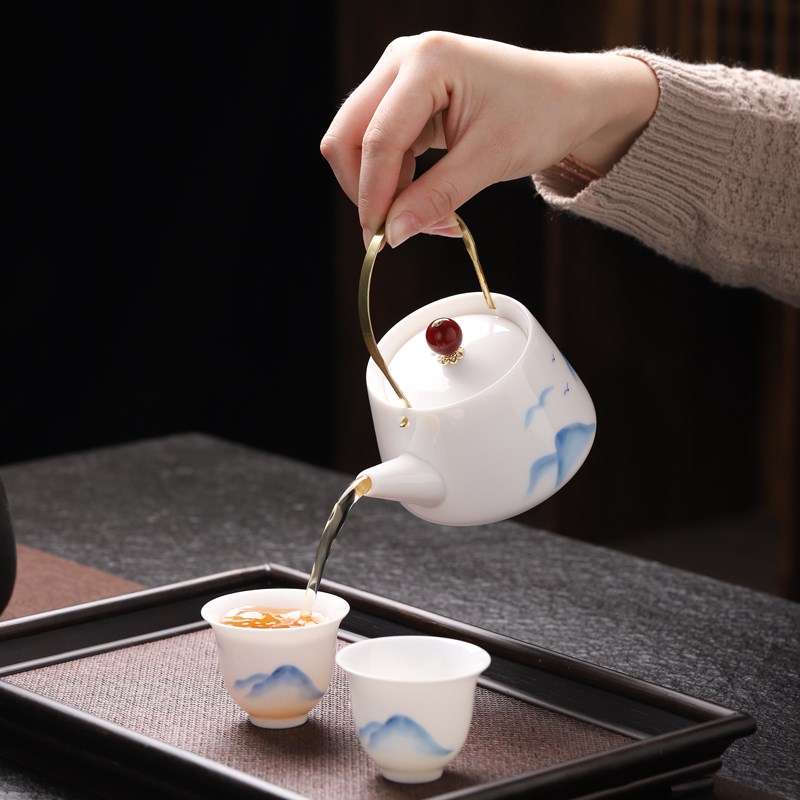 速发羊脂玉白瓷提梁壶茶壶茶具家用高档西施壶单个办公室泡茶器小