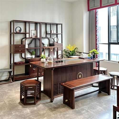 速发新中式乌金木茶桌椅组合功夫泡茶桌办板会所木实老公茶台茶室