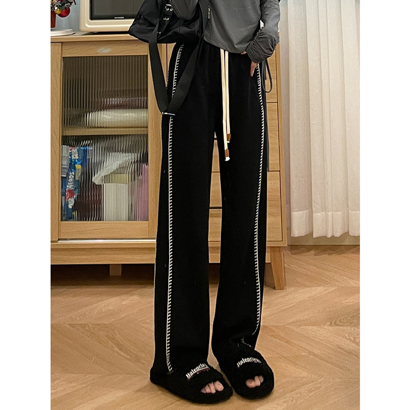 速发黑色条纹休闲裤新款胖妹妹mm高腰宽松百搭垂感阔腿裤子