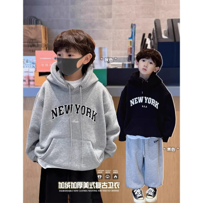 男童字母印花连帽卫衣春秋冬加绒