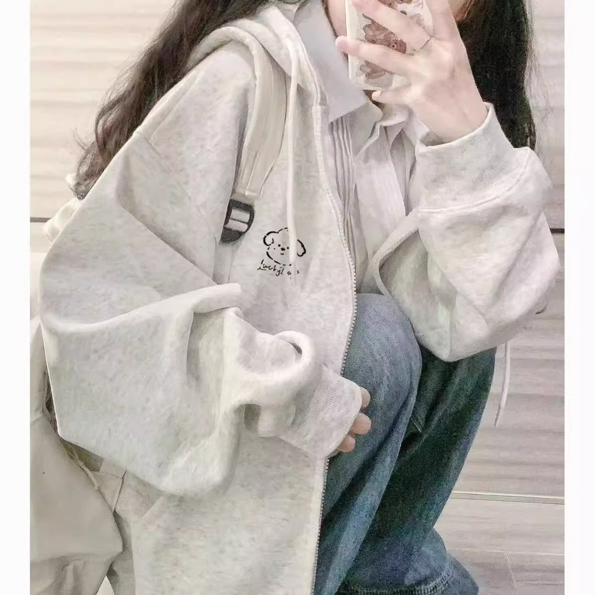 儿童连帽开衫卫衣男女童春秋冬加绒加厚中大童小狗印花学院风外套