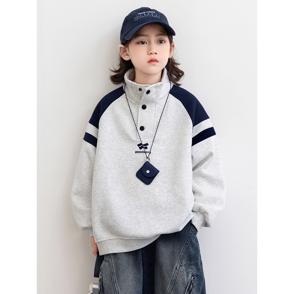 儿童美式复古前扣立领卫衣男女童