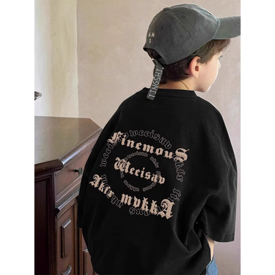 男童黑色纯棉短袖t恤中大儿童夏